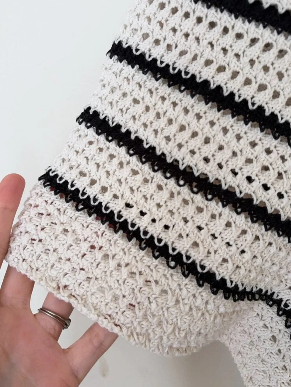 Mango MNG Cream Black Striped Crochet Open Knit Shorts